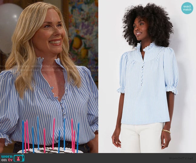 Pomander Place Blue Stripe Selena Blouse worn by Leanne Murphy (Leanne Morgan) on Leanne
