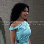 Portia’s turquoise asymmetric dress with gold detail on General Hospital
