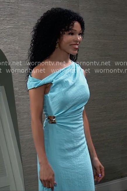 Portia’s turquoise asymmetric dress with gold detail on General Hospital