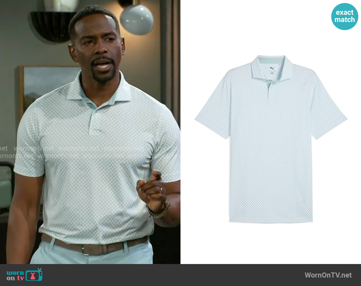 Puma MATTR Micro Floral Golf Polo in White Glow / Modern Mint worn by Ted Richardson (Keith D. Robinson) on Beyond the Gates
