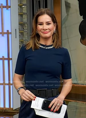 Rebecca's navy embellished neck sweater on Good Morning America