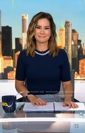 Rebecca's navy embellished neck sweater on Good Morning America