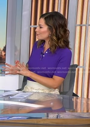 Rebecca’s purple polo and white floral skirt on Good Morning America