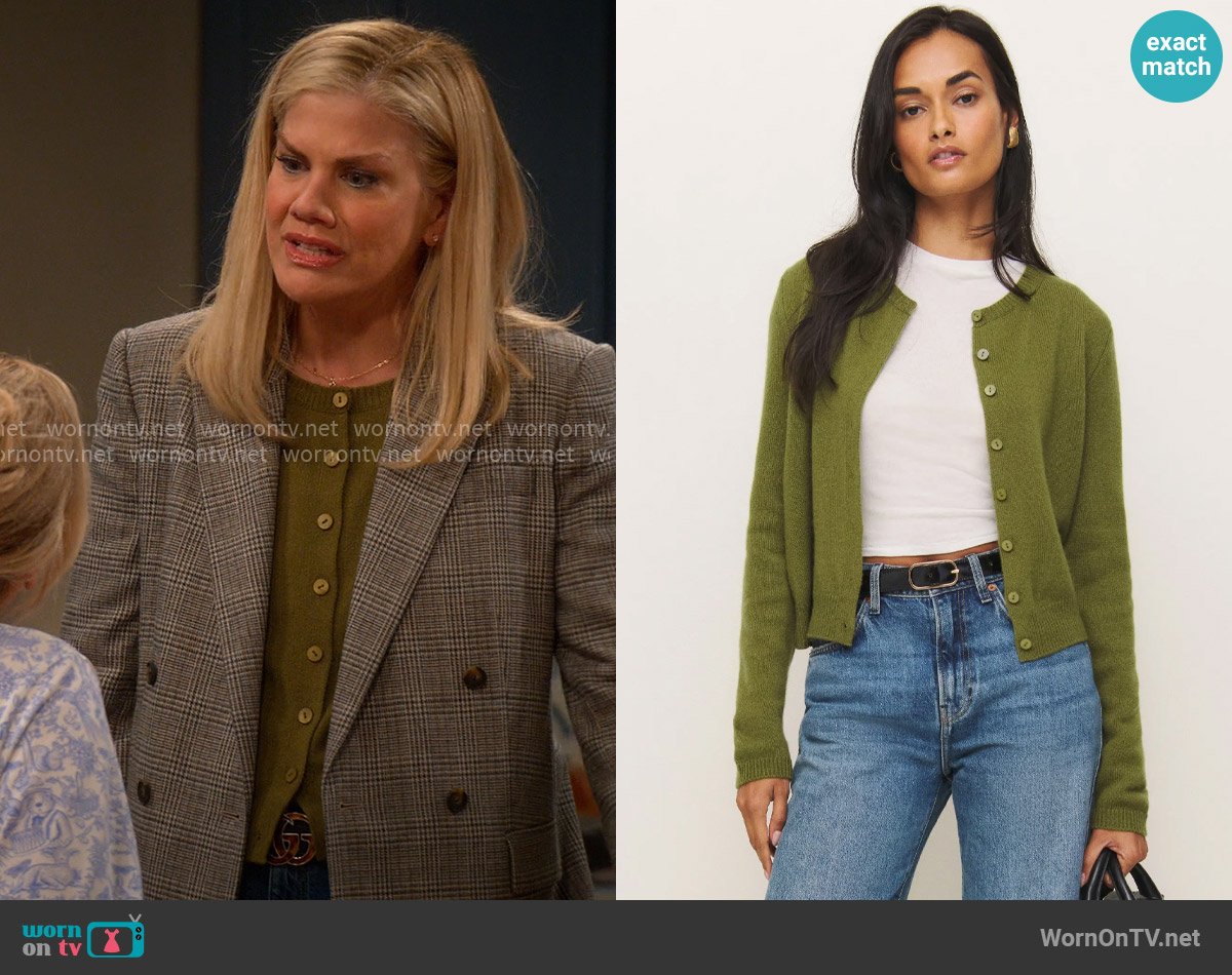 Reformation Clara Cashmere Crew Cardigan in Pear worn by Carol (Kristen Johnston) on Leanne