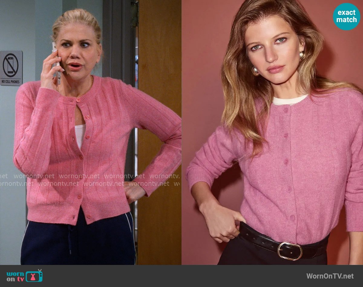 Reformation Hannah Cardigan in Peony worn by Carol (Kristen Johnston) on Leanne