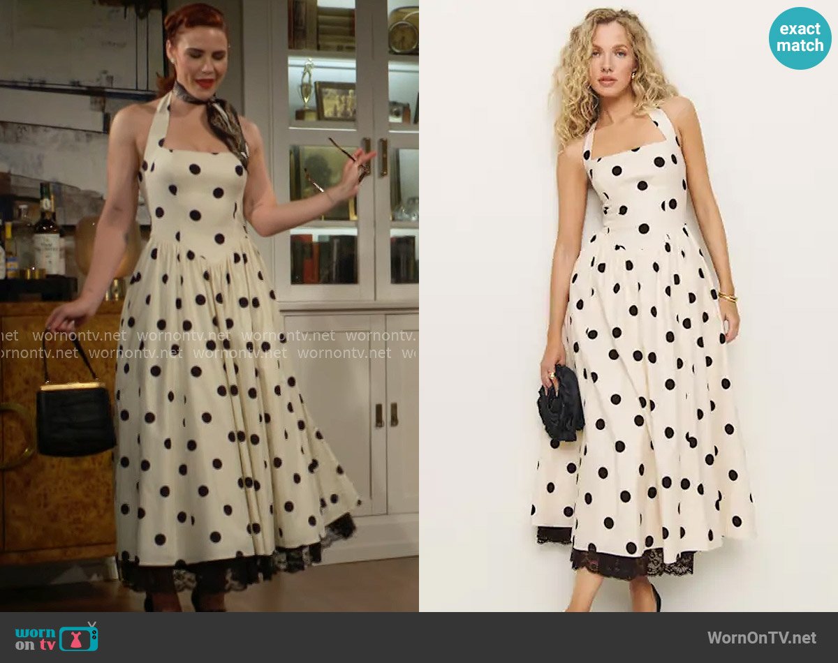 Reformation Talvi Dress in Pluto Dot worn by Sally Spectra (Courtney Hope) on The Young and the Restless
