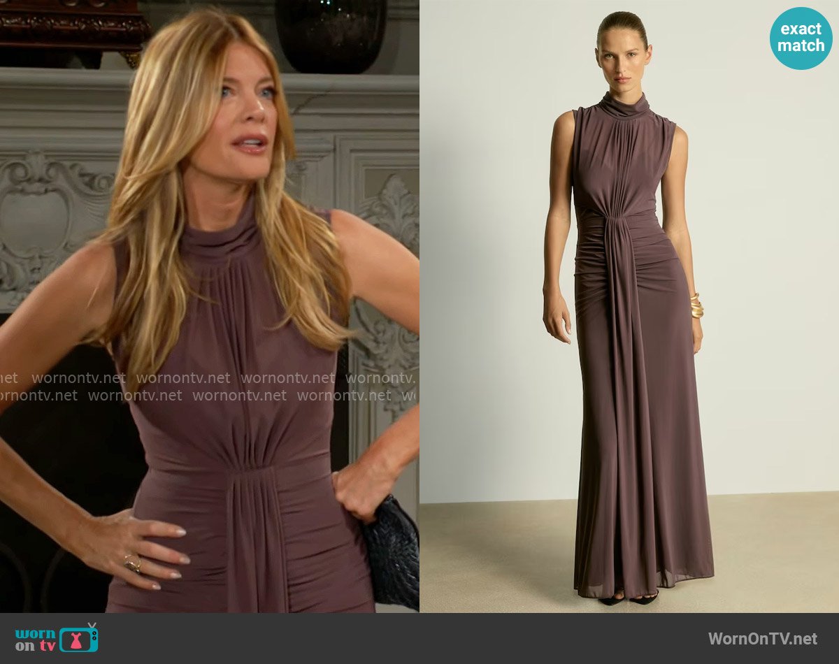 Phyllis’s taupe draped maxi dress on The Young and the Restless