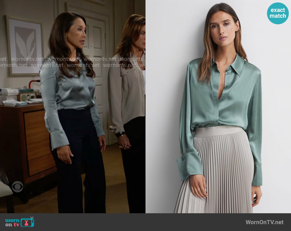 Reiss Hailey Silk Shirt in Sage worn by Li Finnegan (Naomi Matsuda) on The Bold and the Beautiful