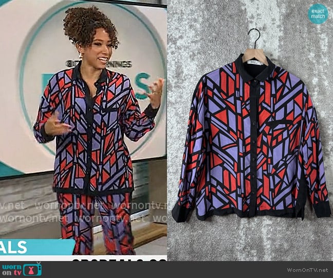 Robert Rodriguez Geometric Silk Button Blouse worn by Gabrielle Kerr on CBS Mornings
