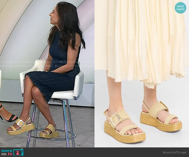 Roger Vivier Raffia Crystal Buckle Platform Sandals in Cream worn by Jacqui Gifford on Today