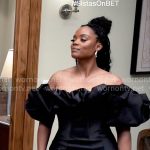 Sabrina’s black off-shoulder ruffled mini dress on Tyler Perrys Sistas
