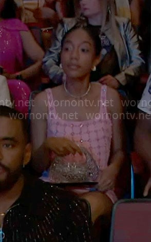 Samantha’s pink embellished mini dress on Beyond the Gates