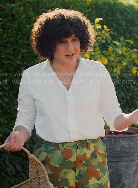 Samin Nosrat's white shirt and camo pants on With Love Meghan