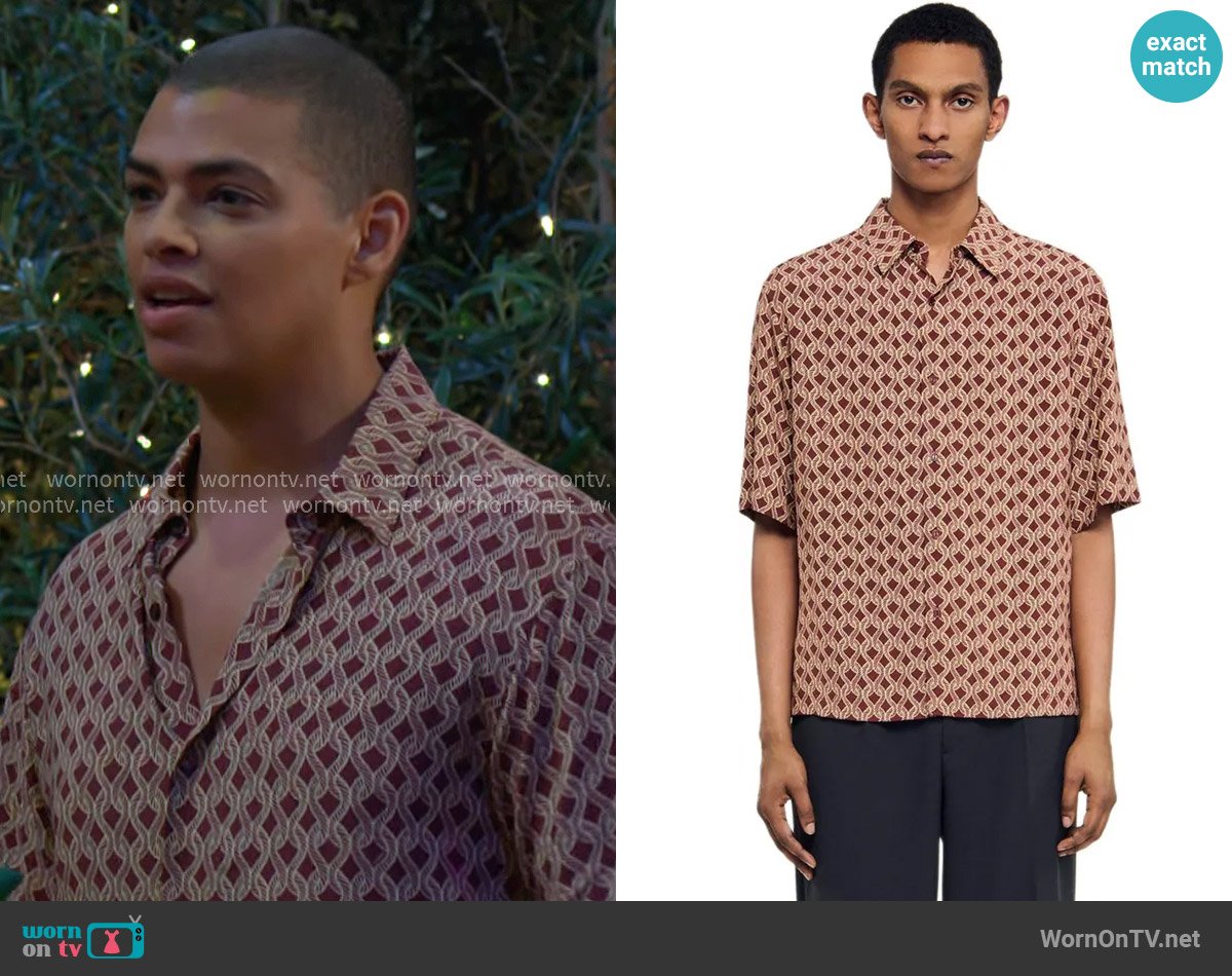 Sandro Rope print shirt in Terra worn by Zende Forrester Dominguez (Delon De Metz) on The Bold and the Beautiful