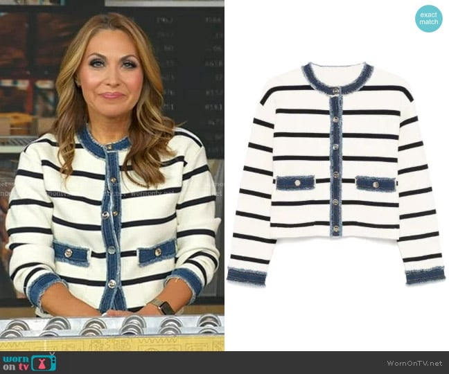 Sandro Stripey Cardigan With Denim Details worn by Lori Bergamotto on Good Morning America