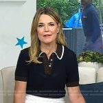 Savannah’s navy pointelle polo and white textured skirt on Today
