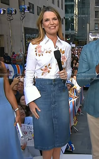 Savannah’s floral embroidered shirt and denim skirt on Today