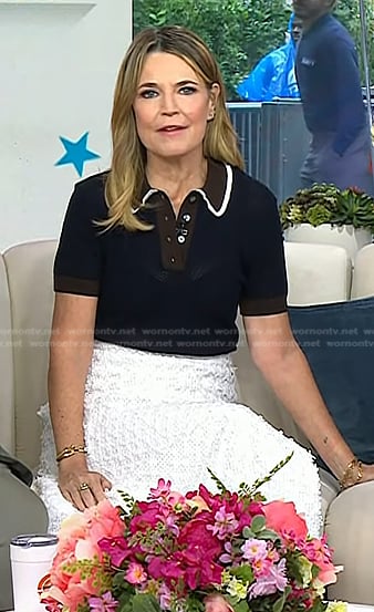 Savannah’s navy pointelle polo and white textured skirt on Today