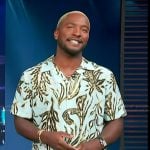 Scott’s blue floral print shirt on Access Hollywood
