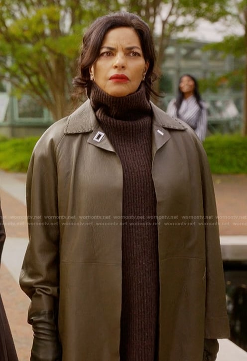 Seema’s khaki leather coat on And Just Like That