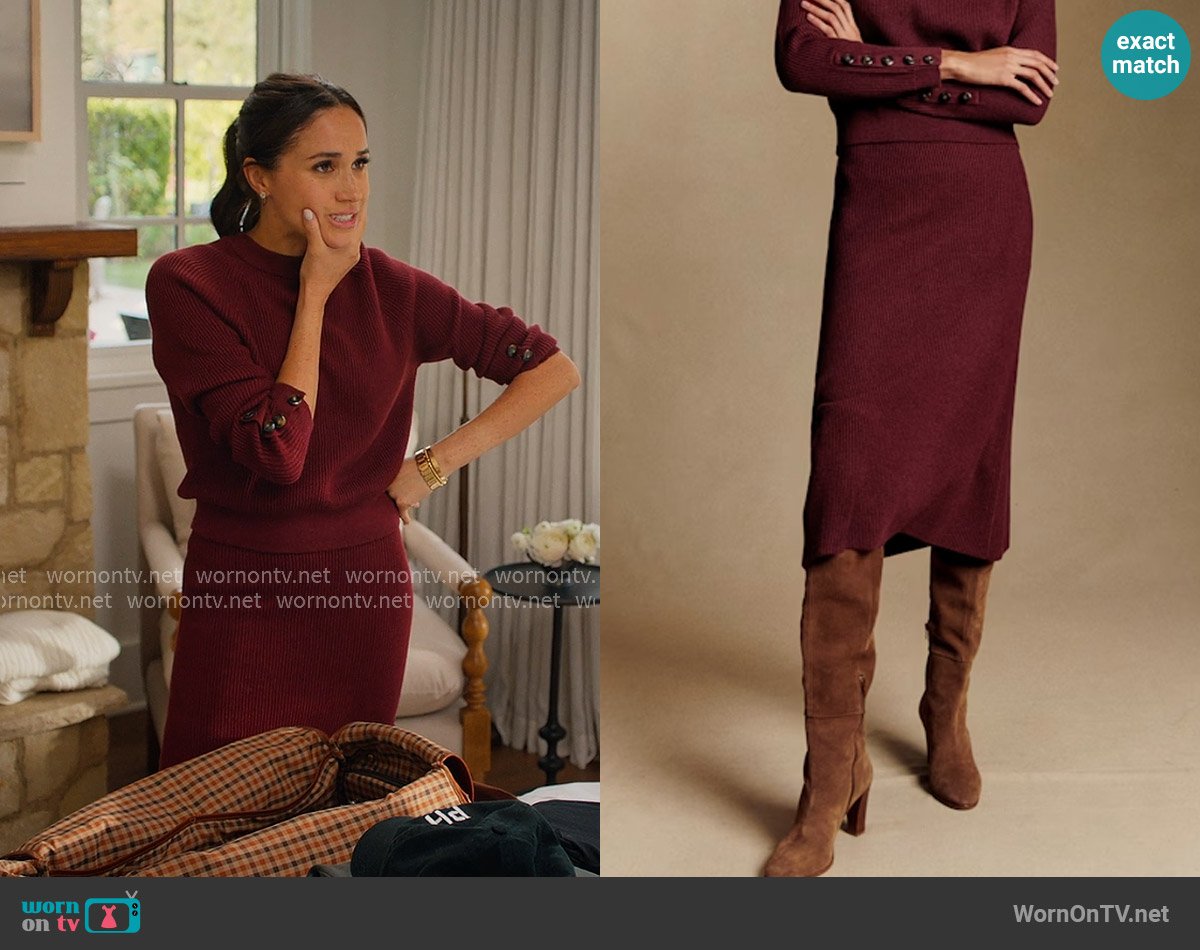 Meghan Markle’s burgundy rib knit skirt on With Love Meghan
