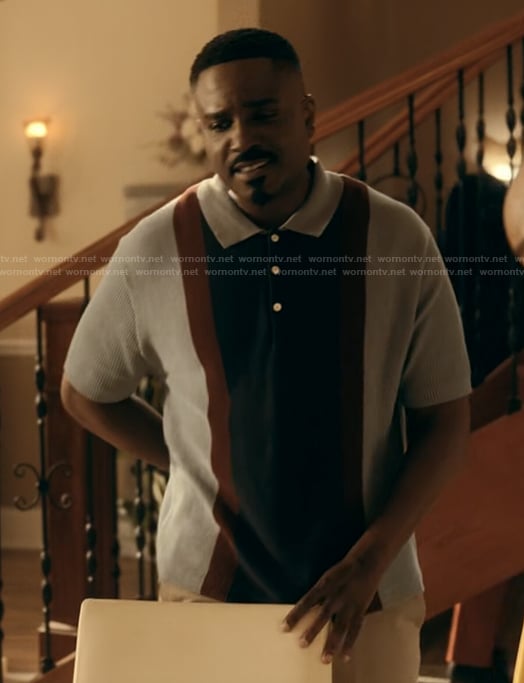 Shaad's blue polo shirt on The Chi