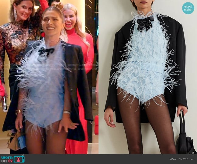 Shushu/Tong Feather and Satin Trimmed Knitted Sweater and Shorts worn by Stephanie Shojaee (Stephanie Shojaee) on The Real Housewives of Miami