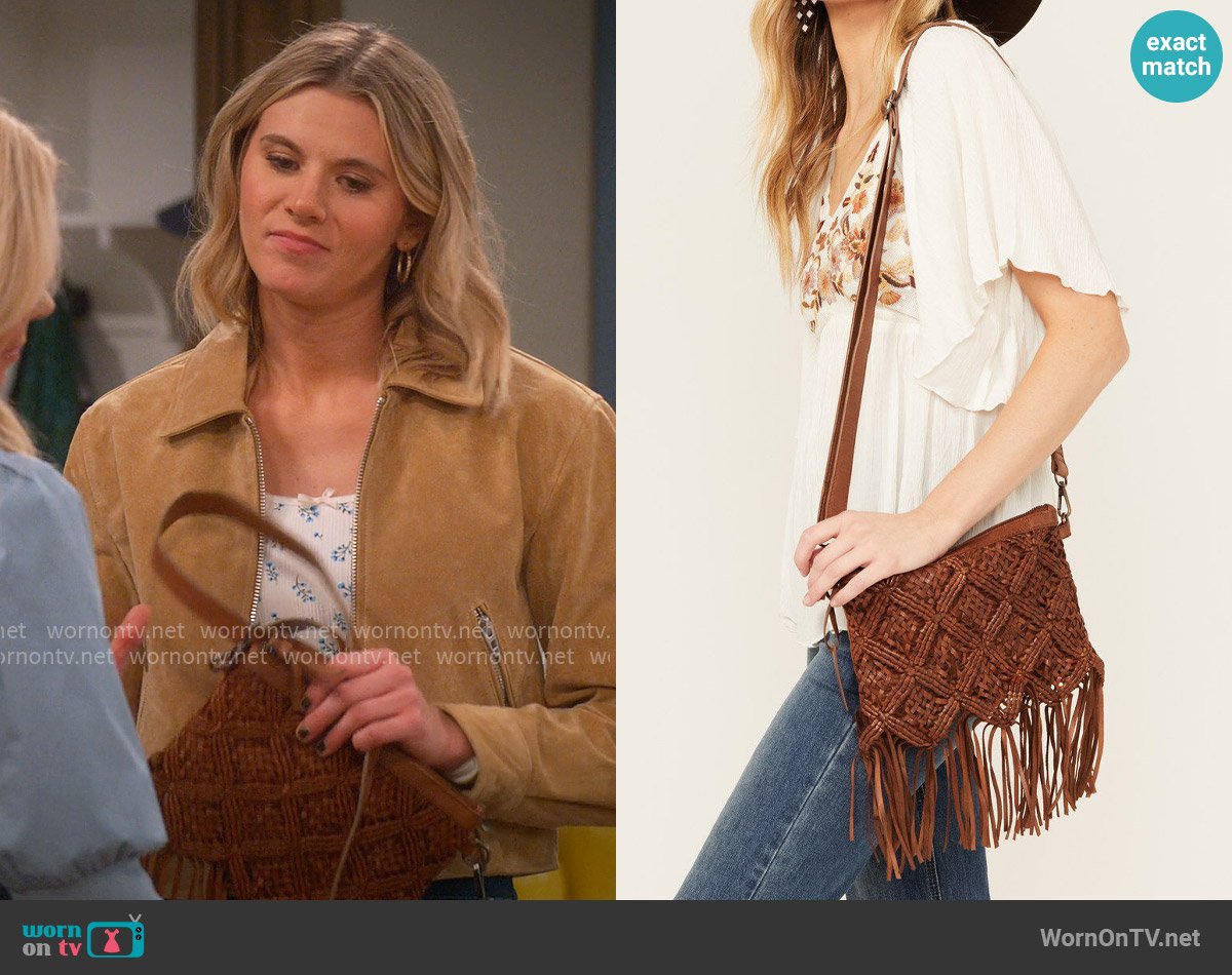 Shyanne Western Heritage Woven Leather Fringe Crossbody Bag worn by Josie Murphy (Hannah Pilkes) on Leanne