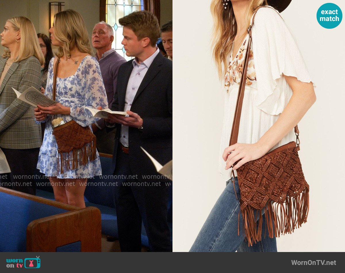 Shyanne Western Heritage Woven Leather Fringe Crossbody Bag worn by Josie Murphy (Hannah Pilkes) on Leanne