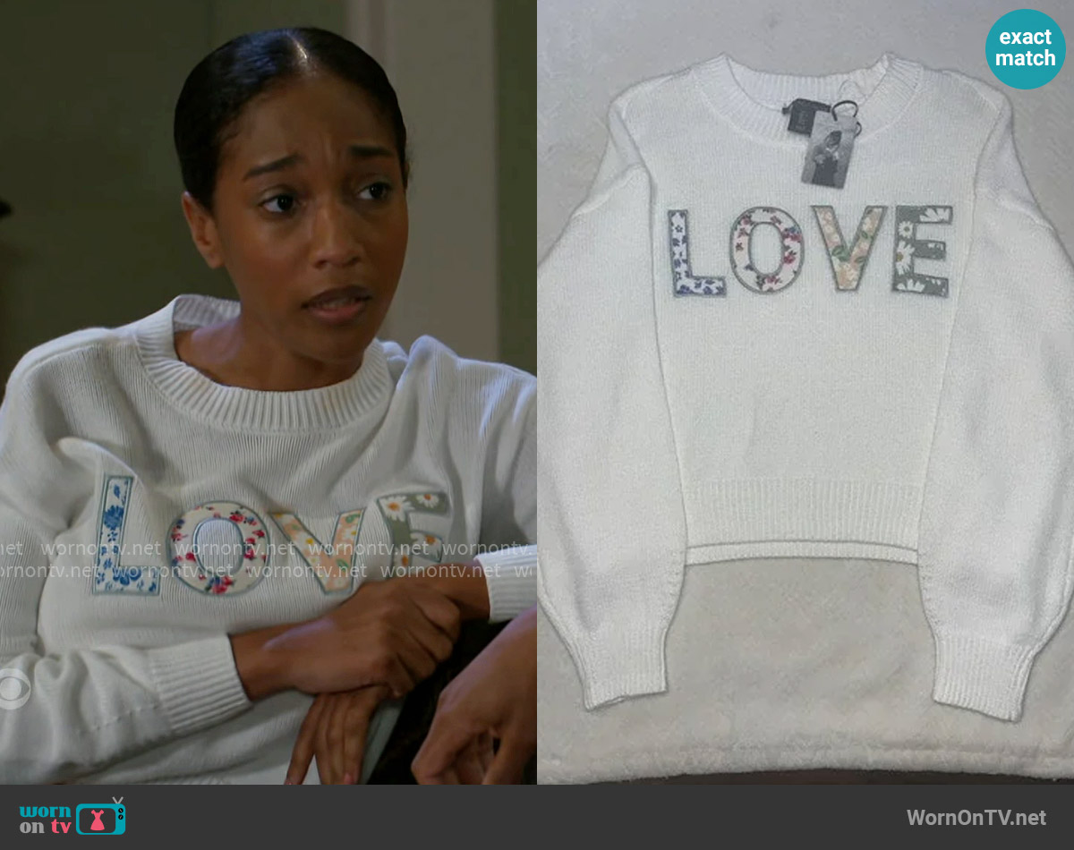Sincerely Jules Embroidered Sweater worn by Samantha Richardson (Najah Jackson) on Beyond the Gates