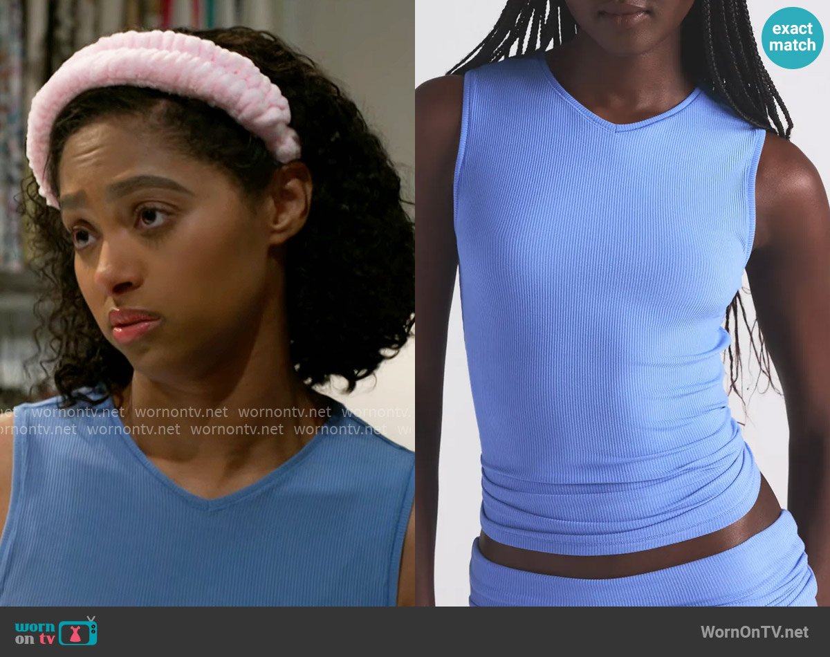 Skims Soft Lounge V-Neck Tank Top in Cielo worn by Kat Richardson (Colby Muhammad) on Beyond the Gates