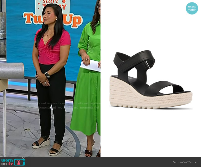 Sorel Cameron Wedge Espadrille Sandal in Black Chalk worn by Karena Wu on Today