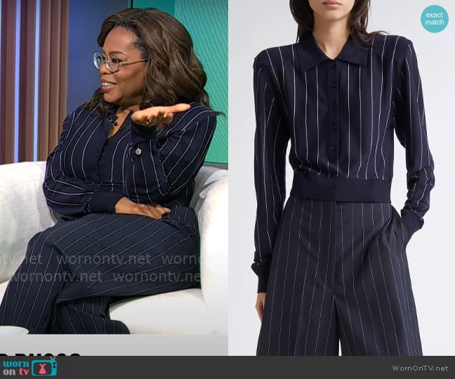 Stella McCartney Pinstripe Long Sleeve Virgin Wool Crop Polo worn by Oprah Winfrey on CBS Mornings