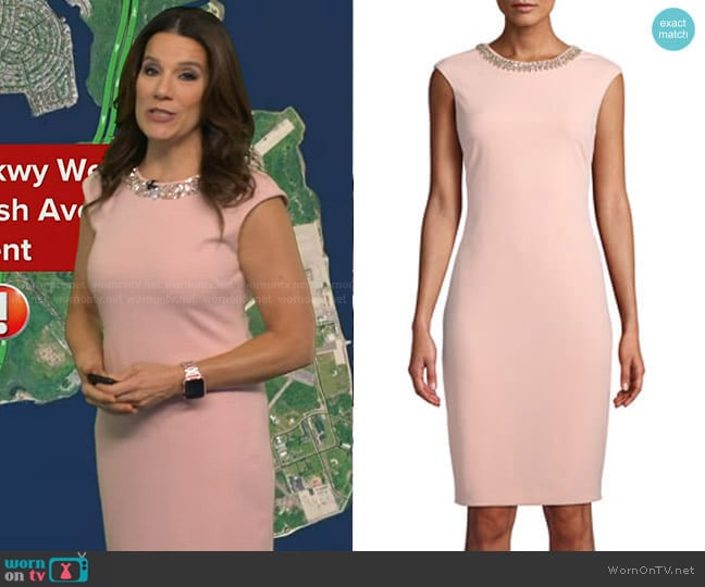 Tahari ASL Beaded-Neck Sheath Dress worn by Heather O’Rourke on Good Morning America