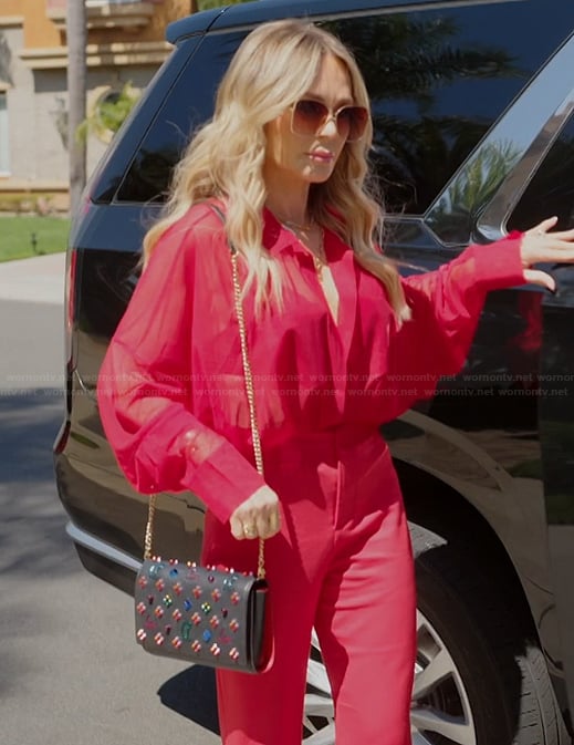 Tamra's red sheer blouse on The Real Housewives of Orange County