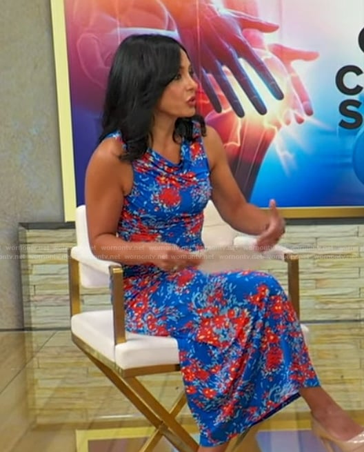 Tara's blue printed sleeveless dress on Good Morning America