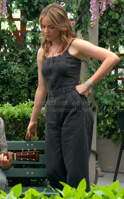 Tessa’s black denim jumpsuit on The Young and the Restless