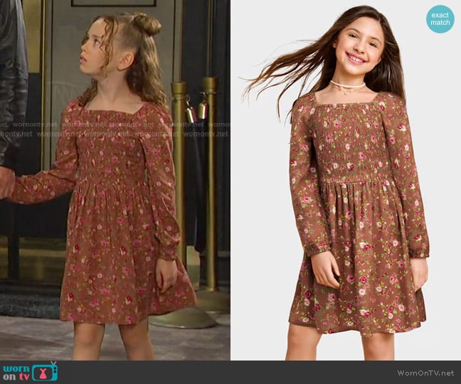 The Children’s Place Girls Floral Smocked Dress in brown worn by Rachel Black (Alice Halsey) on Days of our Lives