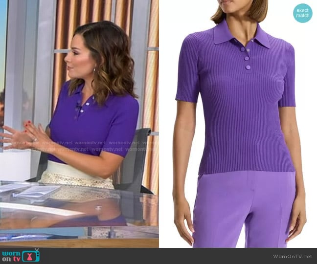 Theory Rib Sweater Polo in Bright Peony worn by Rebecca Jarvis on Good Morning America