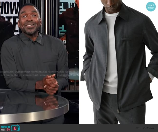 Theory Shirt Jacket in Motion Wool worn by Justin Sylvester on E! News