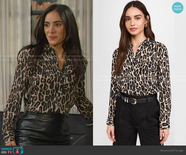 Theory Straight Shirt in Beige Multi worn by Gabi Hernandez (Cherie Jimenez) on Days of our Lives
