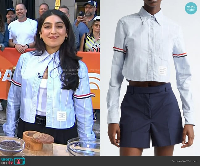 Thom Browne Armband Stripe Crop Button-Down Shirt in Light Blue worn by Samah Dada on Today