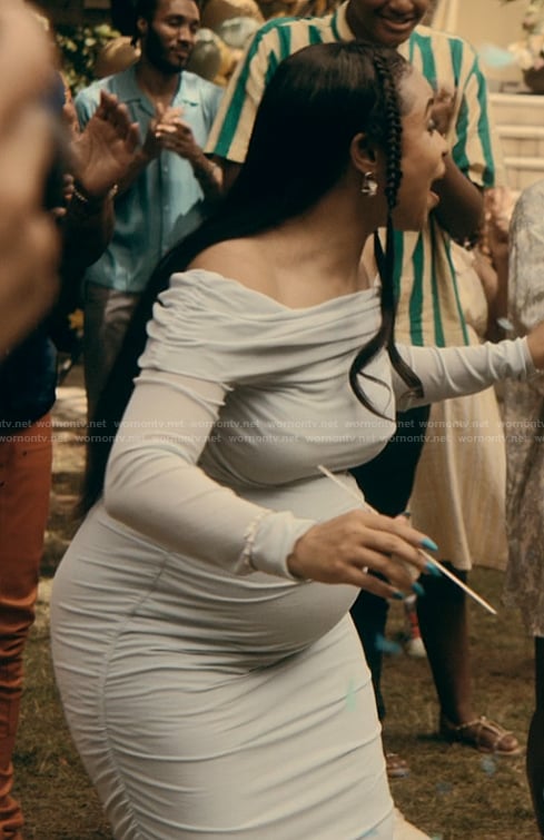 Tiffany's blue off shoulder dress on The Chi