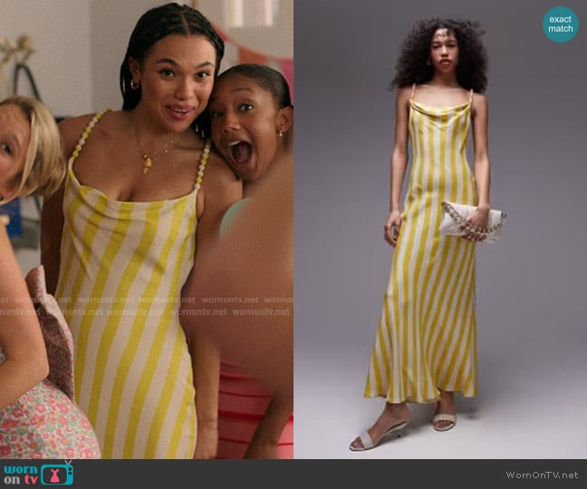 Topshop Premium Cami Slip Midi Dress with Beaded Straps in yellow stripe print worn by Anika (Sofia Bryant) on The Summer I Turned Pretty
