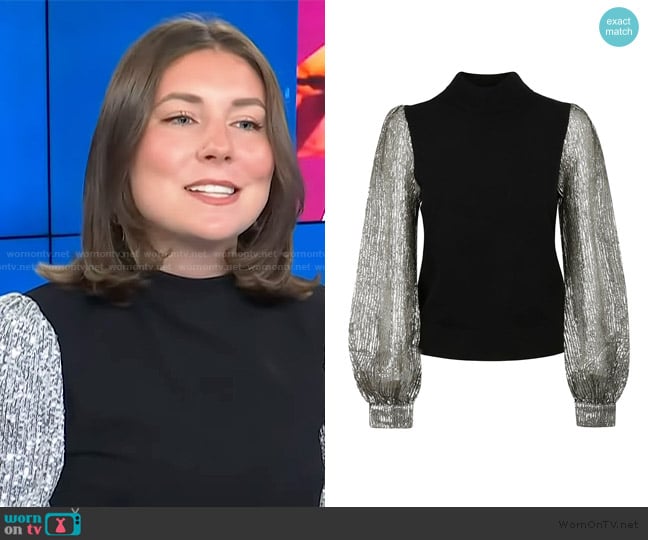 Tory Burch Crinkle Stripe Lame Sleeve Sweater worn by Reagan Baylee on Access Hollywood