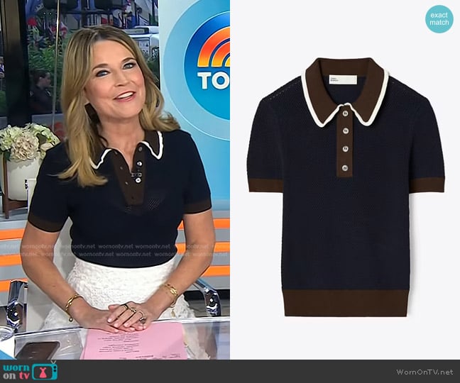 Tory Burch Viscose Pointelle Sweater in Tory Navy worn by Savannah Guthrie on Today
