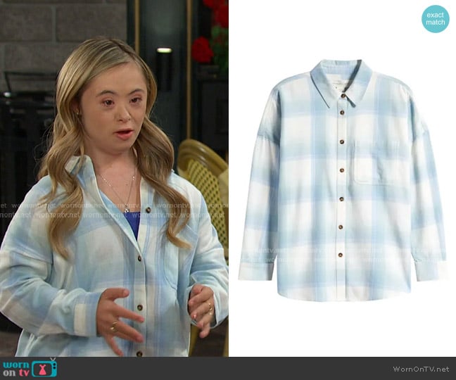 Treasure & Bond Kids' Oversize Plaid Cotton Shirt in Ivory Dove Rise Plaid worn by  Felicity Greene (Kennedy Garcia) on Days of our Lives