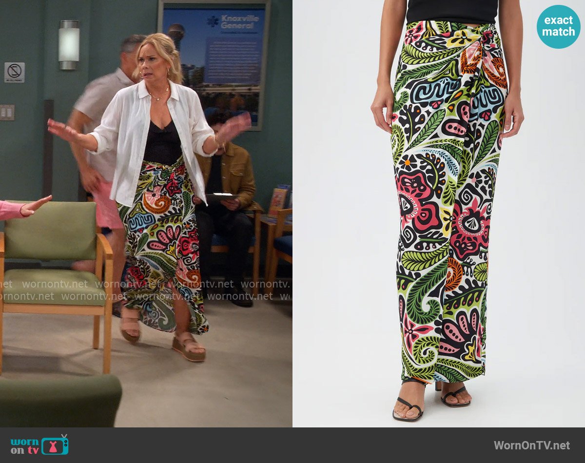 Trina Turk Alodia Tie-Front Maxi Skirt in Cheeky Tiki worn by Leanne Murphy (Leanne Morgan) on Leanne