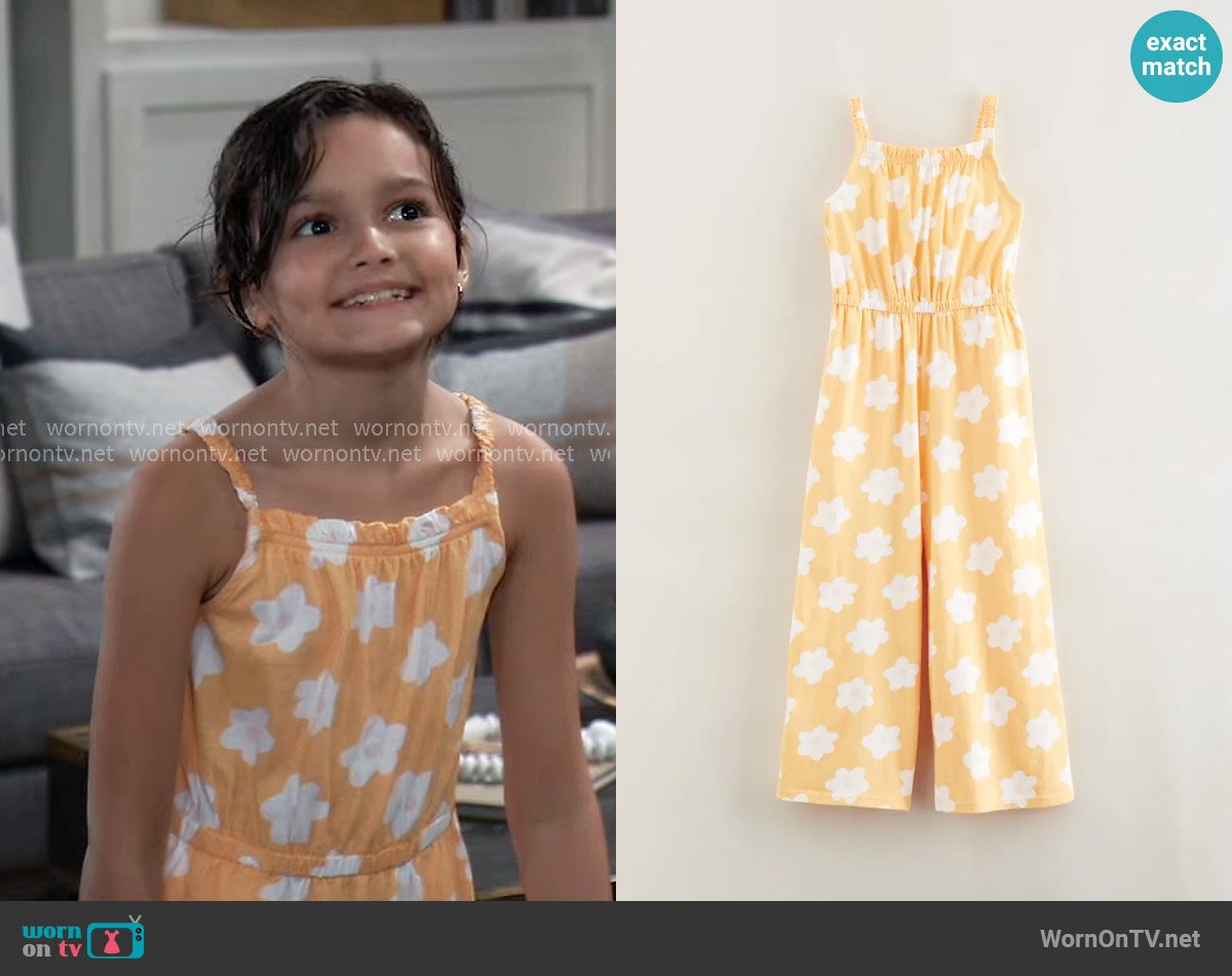 Tucker + Tate Floral Wide Leg Jumpsuit in Orange Buff Danny Floral worn by Donna Corinthos (Scarlett Spears) on General Hospital