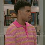 Tyrell’s pink striped polo shirt on Beyond the Gates